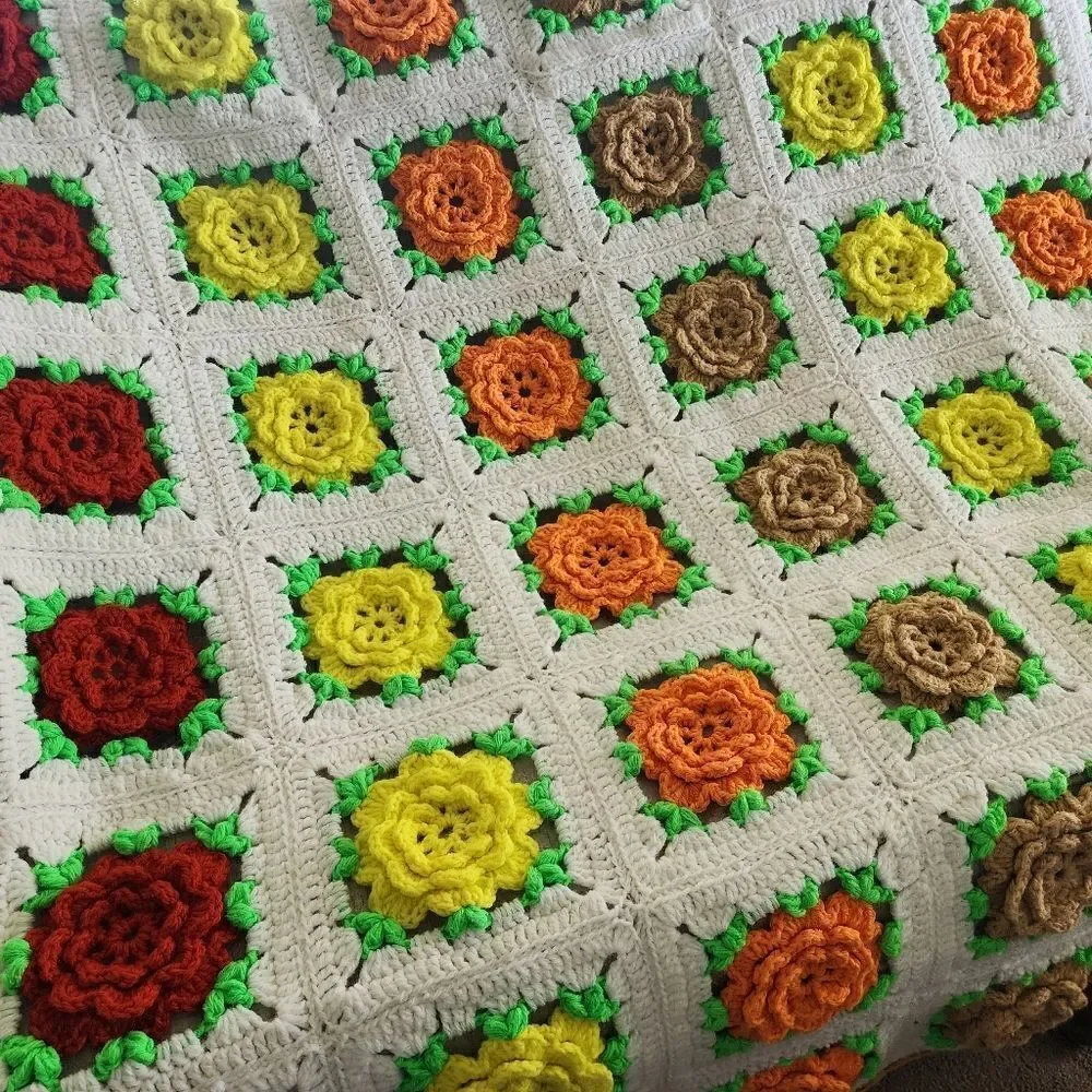 Vintage Crochet Knitted Afghan Throw Blanket Multi Color Granny 3D Flowers 90x60